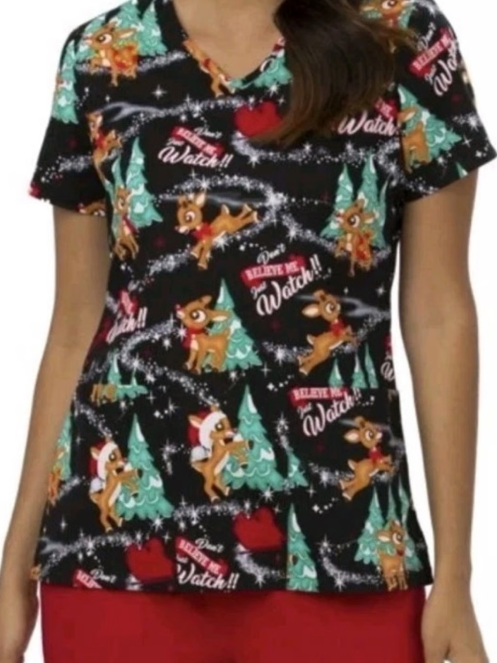 Rudolph the Red-Nosed Reindeer Women’s Medical Scrub Top L